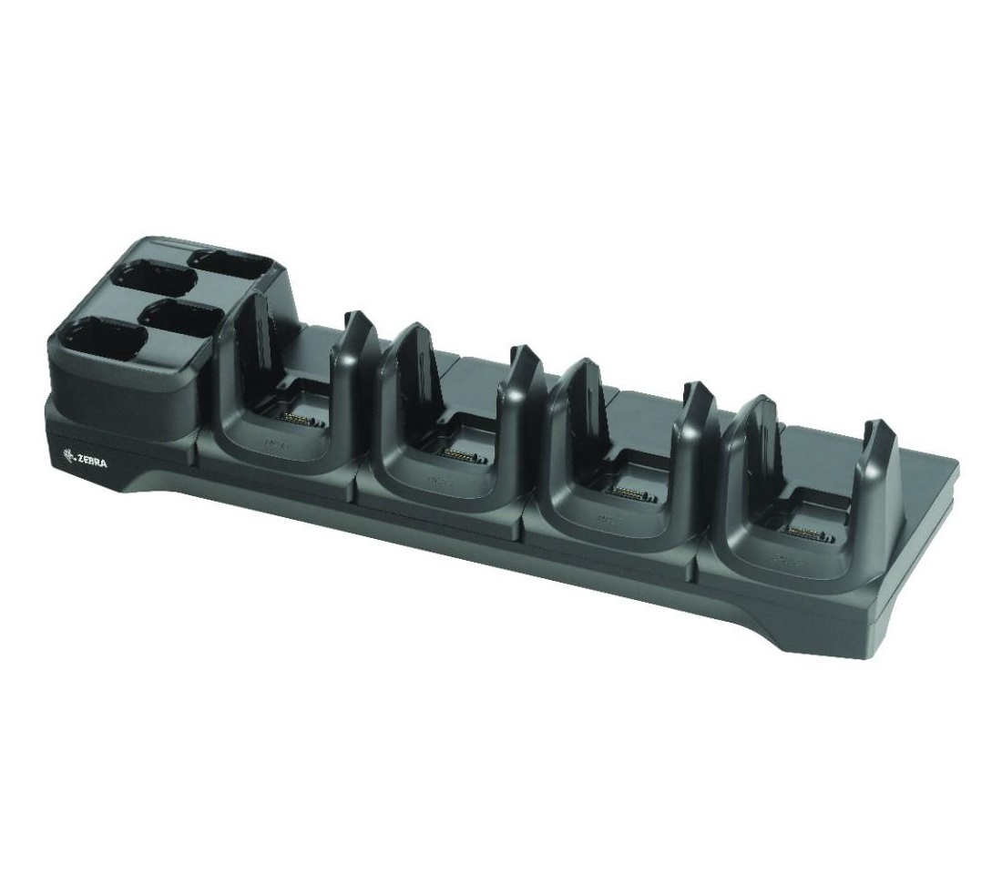 Four-slot charge-only cradle for MC3300 / MC3300x / MC3300ax; MC3400 / MC3450 devices and their four spare batteries. Sold separately: Power Supply (P