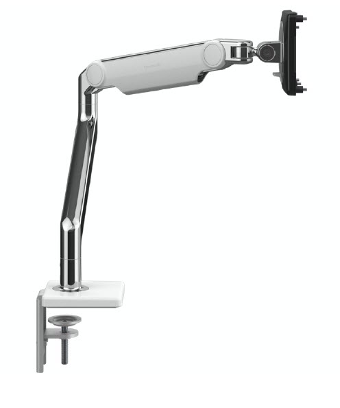 Humanscale M2.1 Single Monitor Arm using an Angled/Dynamic arm link, Clamp Mount in Polished Aluminium with White Trim