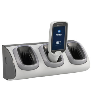 High-density three-slot locking charging cradle for PS20 / PS30 devices, wall-mountable. Green LED light indicates device is unlocked. Power supply (P