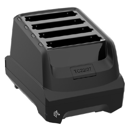 Four-slot battery charger for TC22 / TC27 device's spare batteries.  Power supply (PWR-BGA12V50W0WW), DC cable (CBL-DC-388A1-01), and country-specific