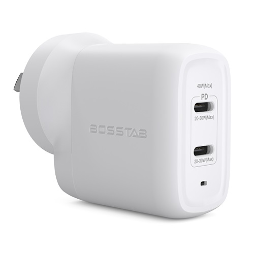Bosstab GaN Charger Adapter, 40W Dual USB-C - White