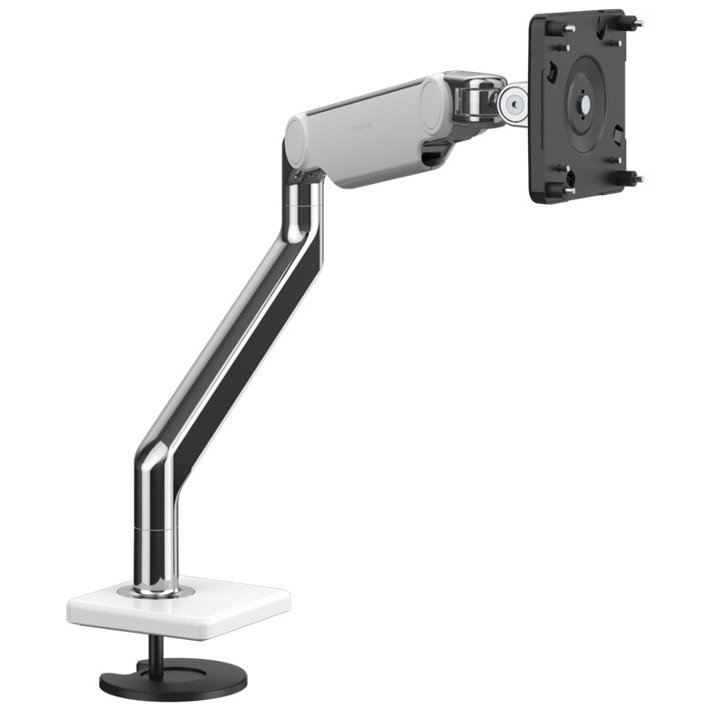 Humanscale M2.1 Single Monitor Arm using an Angled/Dynamic arm link, Bolt Through Mount in Polished Aluminium with White Trim