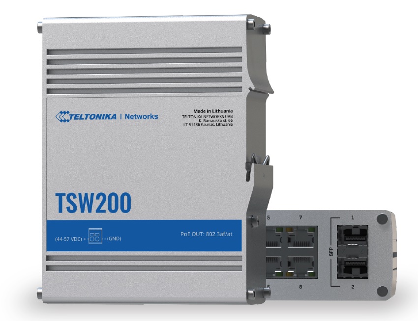 Teltonika TSW200 Industrial Unmanaged PoE+ Switch, 8x RJ45, 2x SFP, 20 Gbps