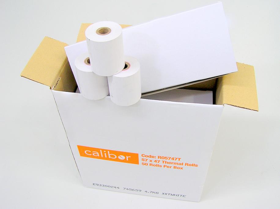 CALIBOR Thermal Paper, 57mm x 47mm, 50 Rolls Per Box